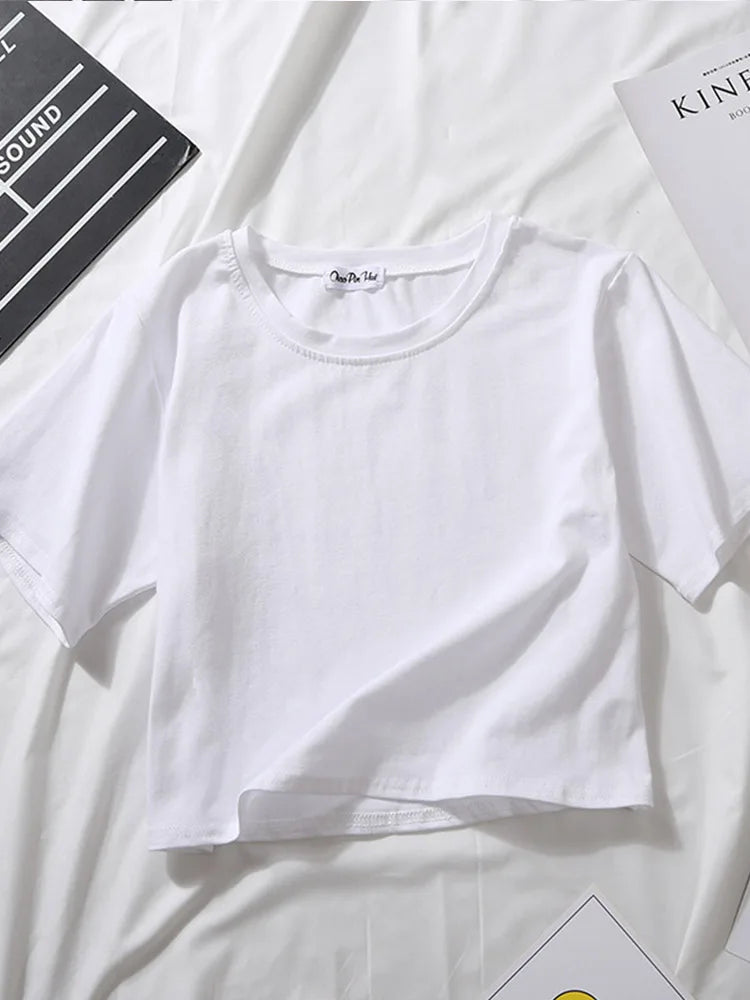 Summer Short Sleeve T Shirts Women Cotton Solid T-shirt O Neck High Waist Crop Top Tee Female Casual Loose T Shirt Badiee Stylez