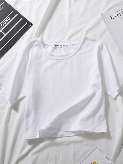 Summer Short Sleeve T Shirts Women Cotton Solid T-shirt O Neck High Waist Crop Top Tee Female Casual Loose T Shirt Badiee Stylez