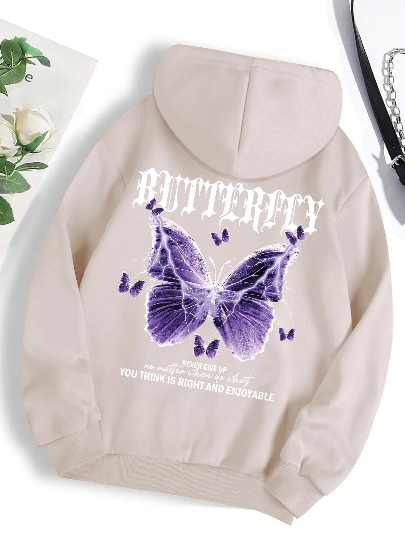 Beautiful Purple Butterfly Printing Hoodies Women Fleece Pocket Hoody Simple Casual Hoodie Autumn Loose Female Streetwear Beige