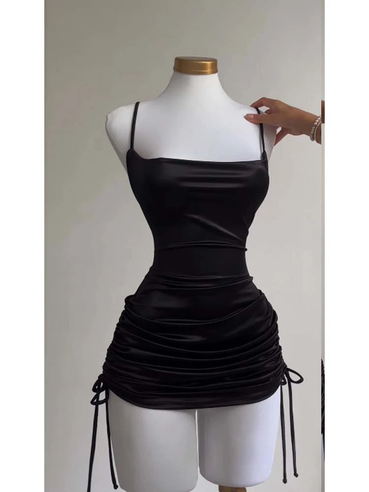 Sexy Satin Lace Up Bodycon Mini Dress Women Sleeveless Backless Party Club Dresses Streetwear Elegant Evening Clothes Black Robe