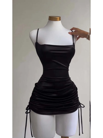 Sexy Sleeveless Backless Bodycon Mini Dress Women Summer Satin Lace Up Party Club Dresses Streetwear Evening Black Y2K 2025 Robe