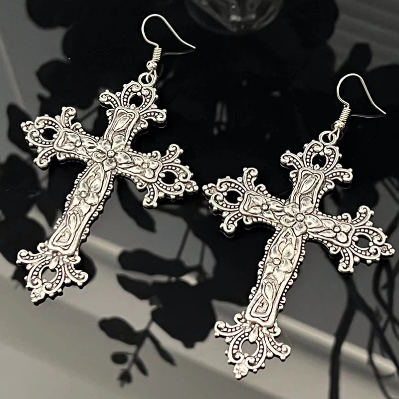Vintage Cross Earrings Necklace for Women Christ Dangle Earrings Gothic Punk Dangle Drop Necklace Men Girl Grunge Hoop Jewelry