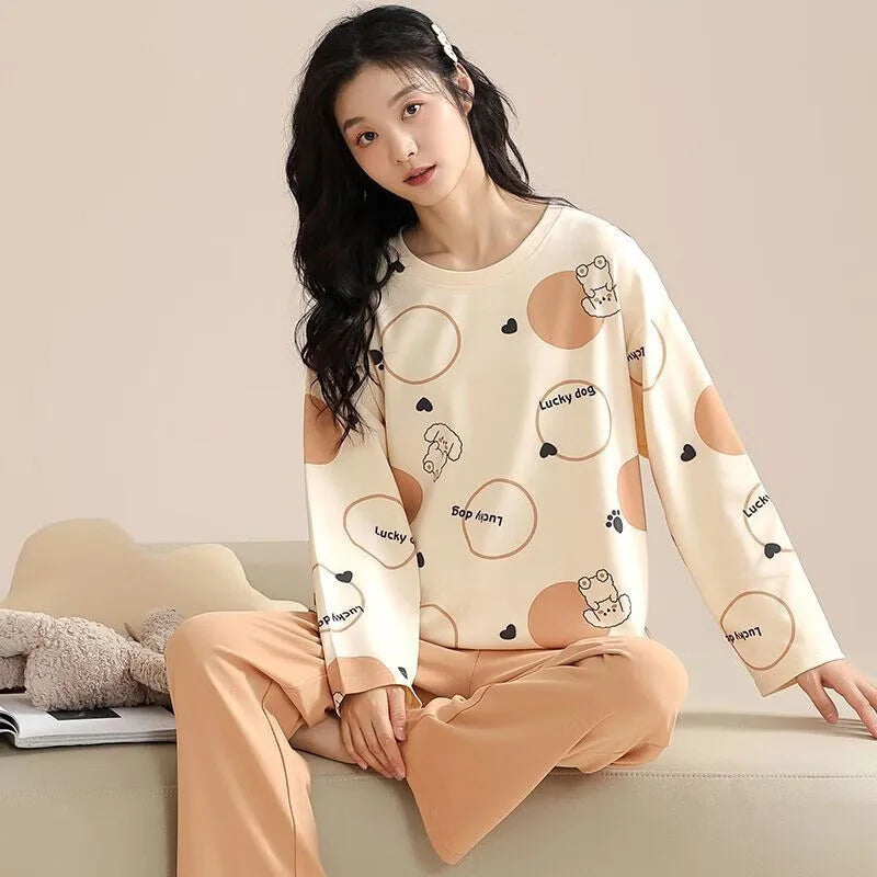 Women's Pajamas Two-Piece Casual Cute Comfortable Sleepwear Homewear Set Tops and Trousers Nightwear Lounge Wear Autumn Winter 9036Dog