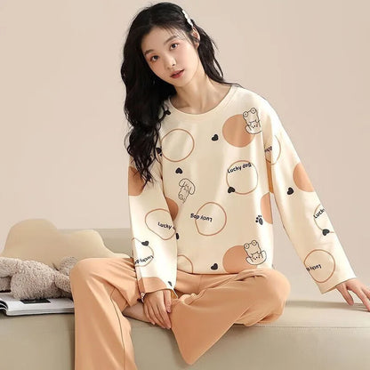 Women's Pajamas Two-Piece Casual Cute Comfortable Sleepwear Homewear Set Tops and Trousers Nightwear Lounge Wear Autumn Winter 9036Dog