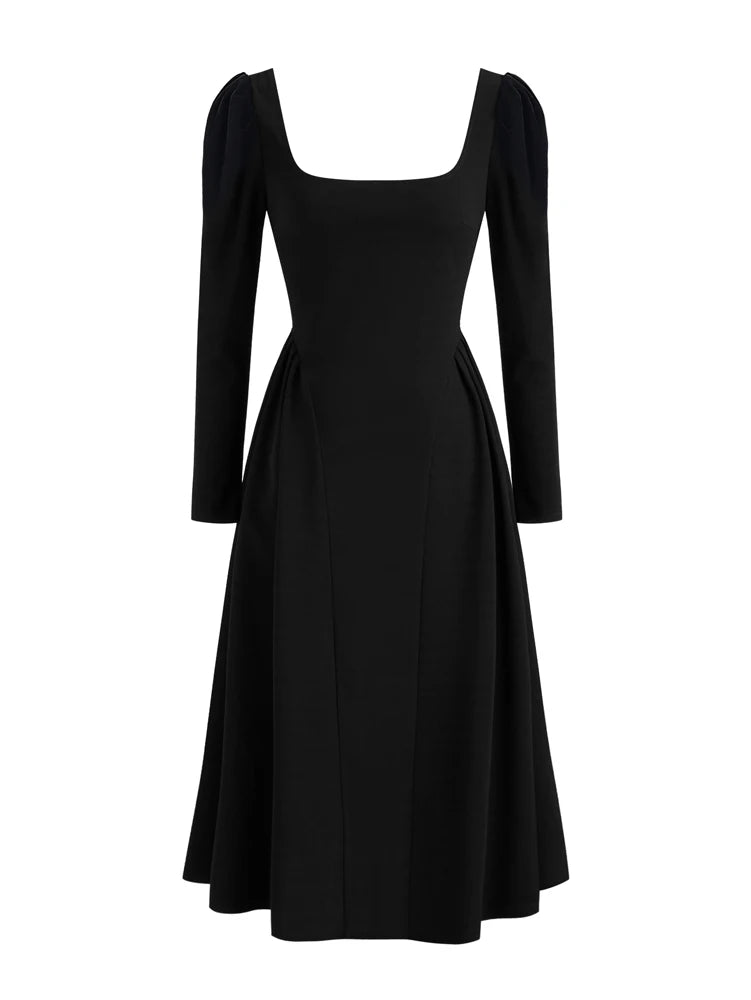 Women's Square Neck Pullover Dress, Casual Elegant Dress, Commuter Wind, Long Sleeve, Pure Color Polyester, New, 2025