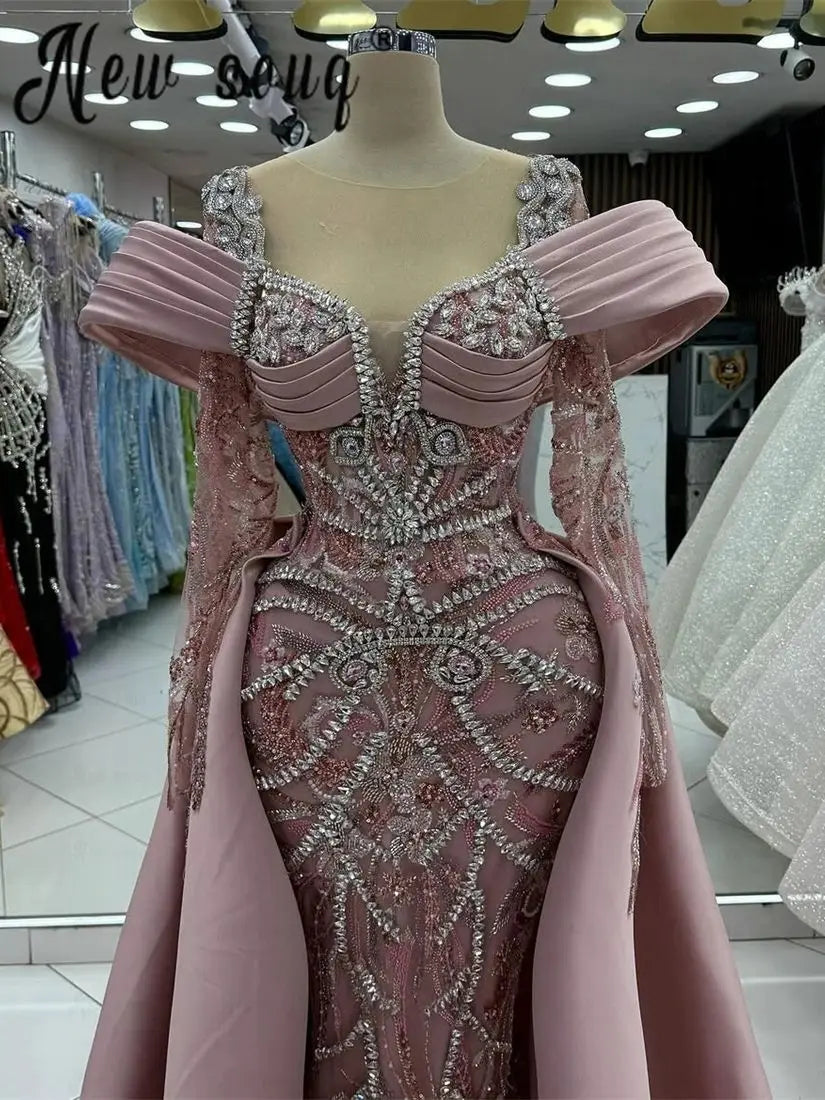 Blush Pink Long Sleeve Evening Dress With Detachable Train Women Arabic Wedding Engagement Party Gowns Lace Beaded Customized Badiee Stylez