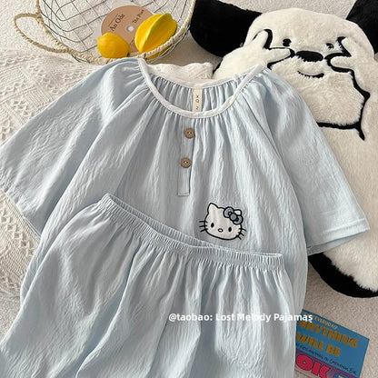 Summer New Cloud Cotton round Ne Button Sweet Cartoon Spwear Two-Piece Set Lightweight Comfortable Student Home Clothes