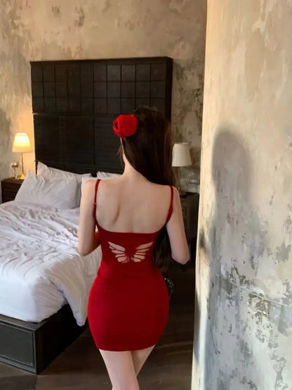 Pure wind red bow hollowed out beautiful back design halter dress female summer sexy slim-fit package hip skirt