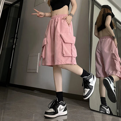 ZOKI Women High Waist Cargo Shorts American Style Streetwear Summer Wide Leg Pants Fashion Female Big Pocket Loose Shorts New