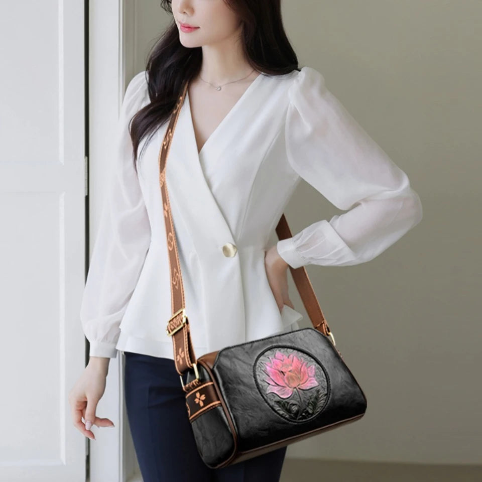 Three Layers Women Handbag Soft Leather Shoulder Crossbody Bags for Women Flower Print Ladies Messenger Bag with WIde Strap