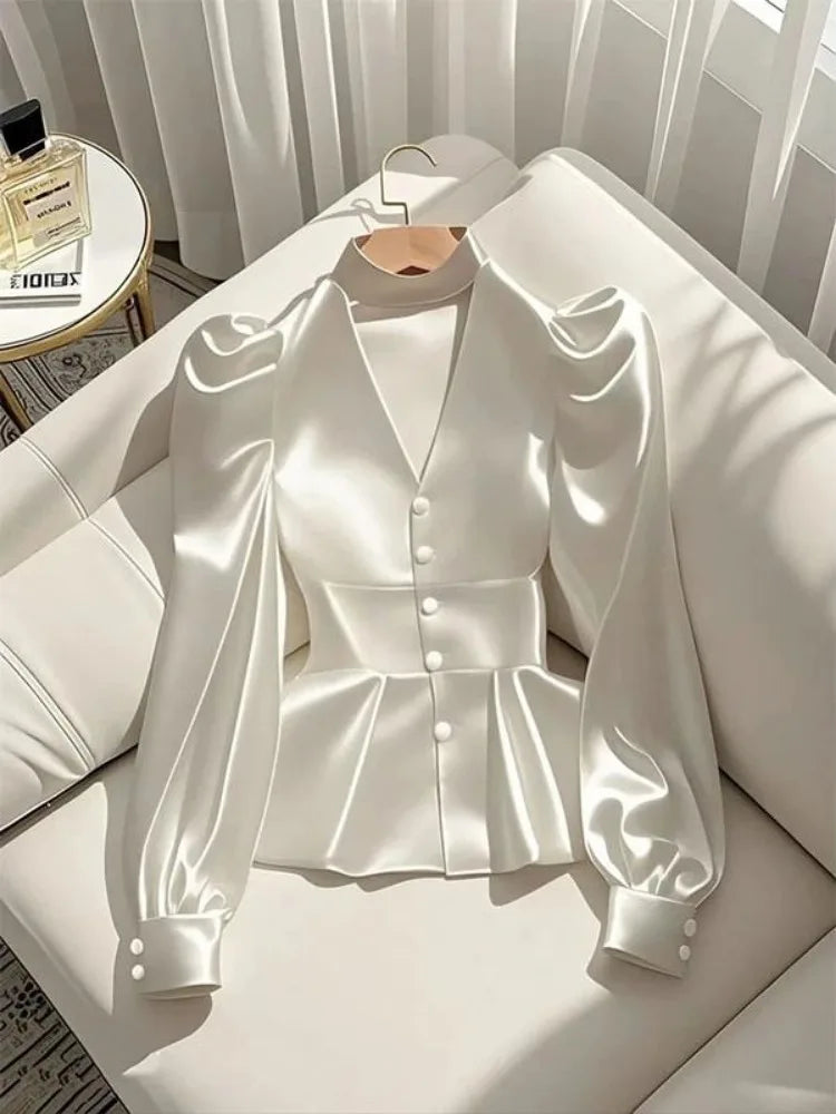 French Elegant Women's Shirt Luxury Waist Cinched White Satin Long Sleeve Shirt for Women Temperament Women's Elegant Blouses