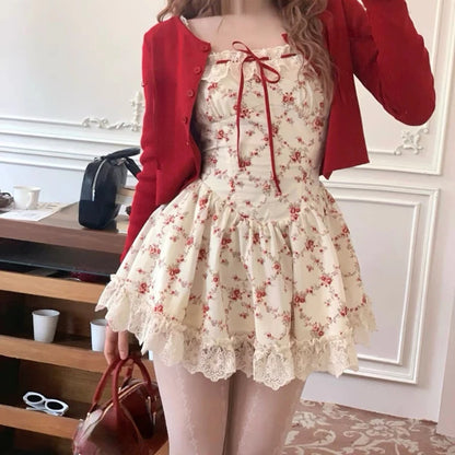 Y2K Sweet Floral Dress Set Woman Casual Red Short Cardigan Elegant Lace Mini Dress Female Korean Prairie Chic Clothing Suit 2 Piece Set