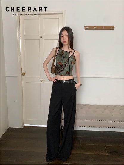 CHEERART Flocking Floral Vintage Crop Cami Top For Women 2024 Sleeveless Flower Green Tops Designer Clothes Luxury