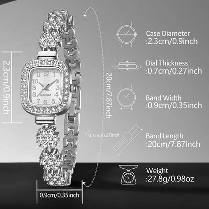2PCS Silver Women's Watch Set Fashionable Luxury Trendy Digital Scale Rectangular Dial Quartz Watch Bracelet Set Perfect Gift