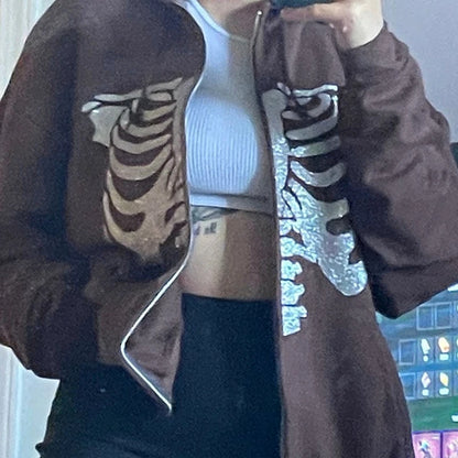 Y2K Rhinestone Cobweb Zip Up Oversized Sweatshirt 2022 Autumn Goth Hoodie Men Women Grunge Hooded Jacket Streetwear Y2K Clothing nz629-Brown