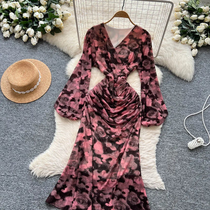 Chic vintage long sleeve Criss-Cross print pleated Elegant Fairy korean fashion dress women clothing Long dress