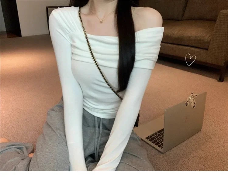 Elegant Off-Shoulder Long Sleeve Knitted Top For Women 2023 Autumn Slimming Smooth Base Layer T-Shirt Polyester Fiber Full Sleev