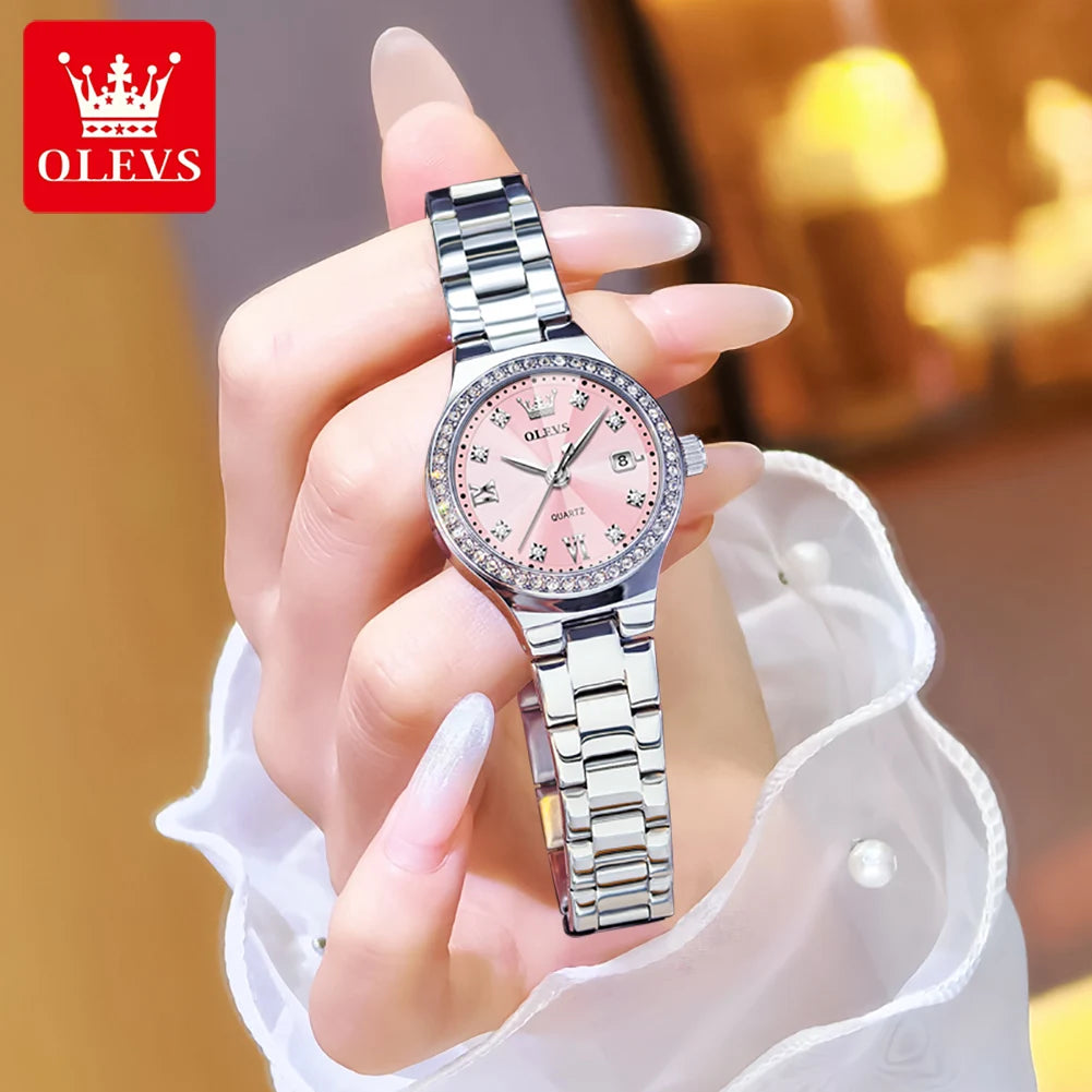 OLEVS 5628 Women Watch Luxury Elegant Quartz Watch Stainless Steel Waterproof Luminous Diamond Bezel Ladies Watch Bracelet Set