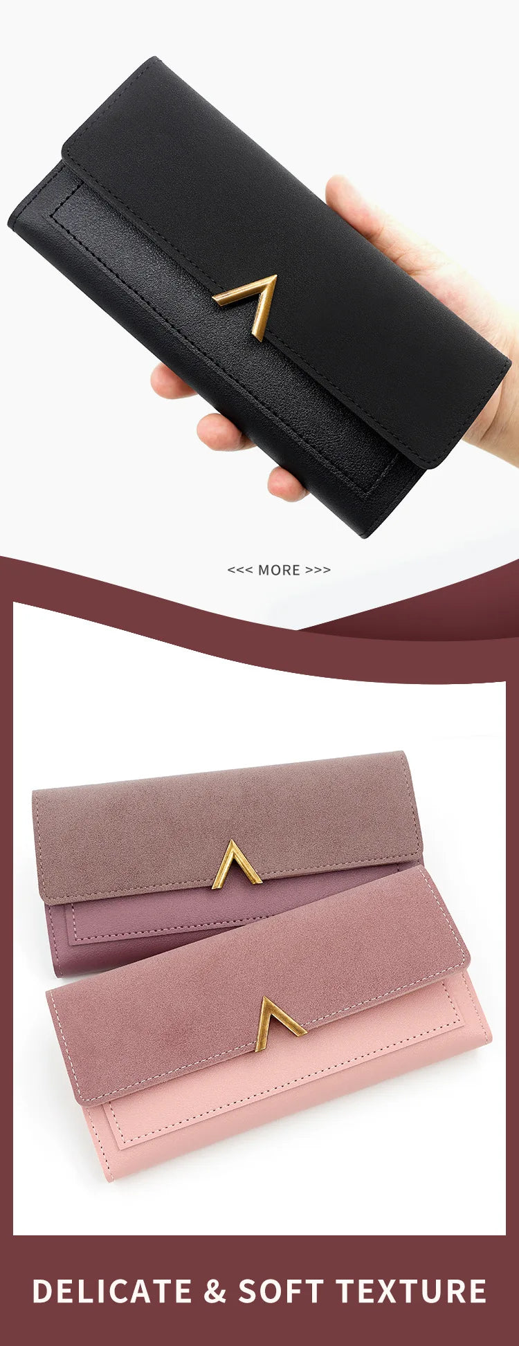 New Korean version women's wallet long V-shaped buckle three fold wallet for women, hand-held bag, change card bag