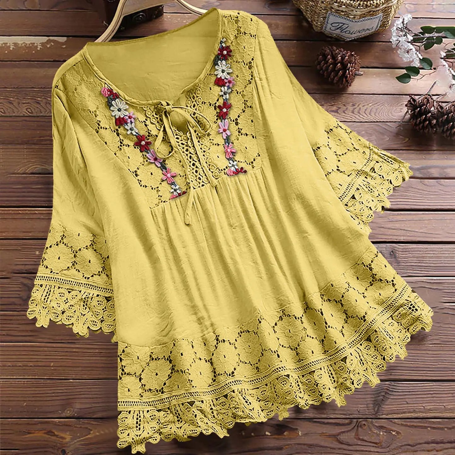 Summer Women Casual Solid Tops Shirt Cotton And Linen Stitching Lace Flower V-neck Loose Top Blouse New Elegant Holiday Shirts Yellow