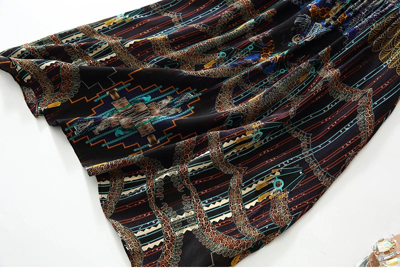 2025 Summer Bohemian Dresses For Women Elegant V-neck High Waist Women's Print Black Dress A-line 100% Real Silk Long Midi Dress Badiee Stylez