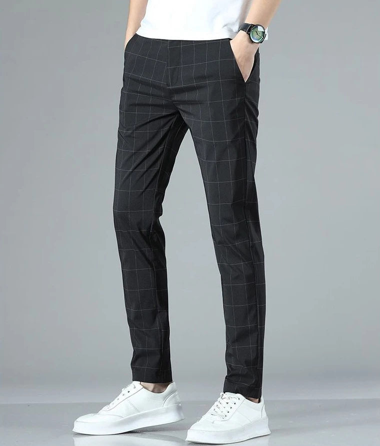 Male Suit Trousers Check Cooling Ice Silk Plaid Straight Up Clothes Offer Slacks Designer Men's Summer Pants Fabric 2024 Classic