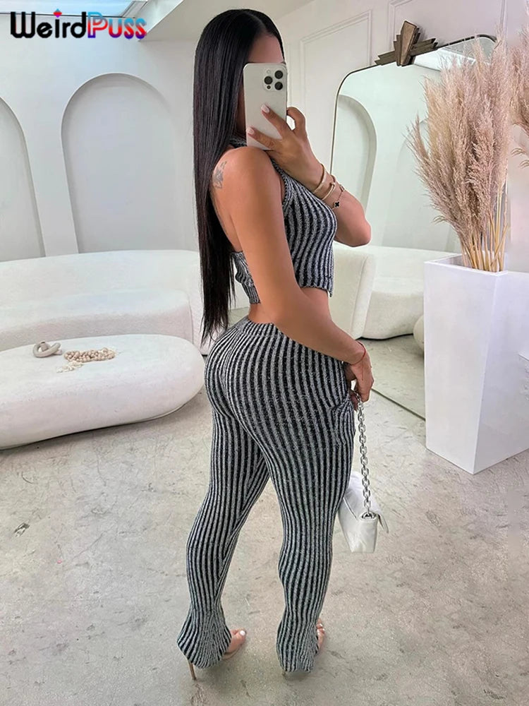 Weird Puss Patchwork Striped Women Casual 2 Piece Set Crochet Halter Low-Neck Vest+Pocket Pants Stretch Skinny Matching Suit Badiee Stylez