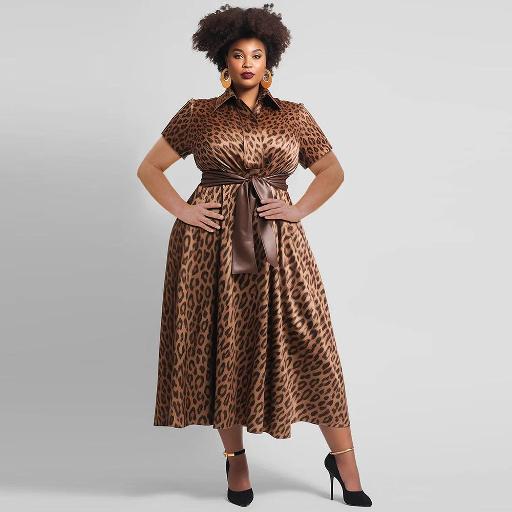 Women's Plus Size Leopard Printed Dress Large Lapels Short Sleeves Loose Elegant Belt Dresses 2025 Summer Female Casual Vestidos Leopard