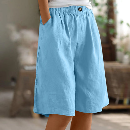 Female Fashion Solid Color Elastic High Waist Pocket Button Up Loose Cotton Linen Five Length Shorts Summer Soft Comfort Pants Sky Blue