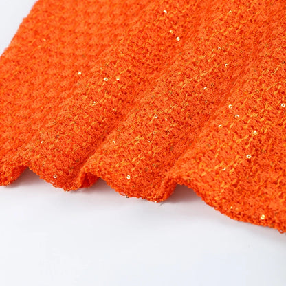 Elegant Sequined Orange Cardigans Women Y2k O-neck Short Sleeve One Button Female Tops 2025 Street Summer Lady Chic Knitwear