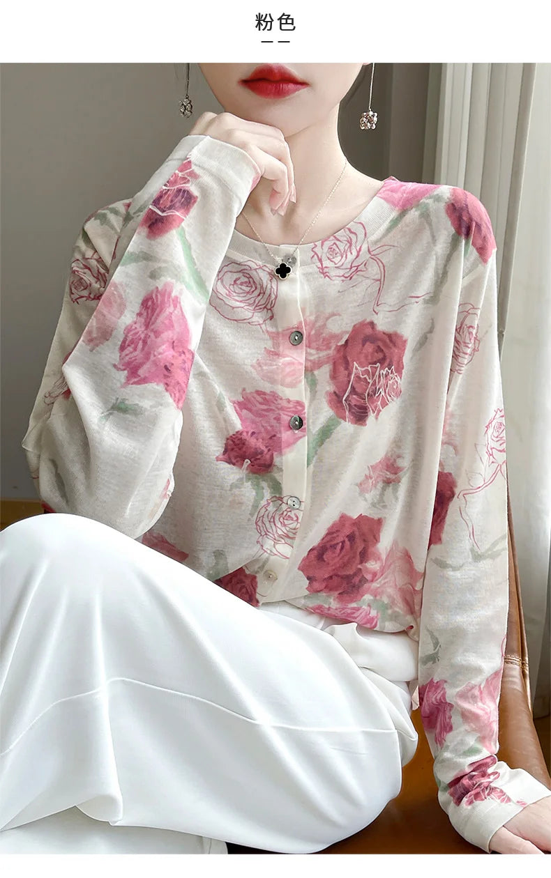 Spring And Summer New Lyocell Water-Soluble Wool Blended Round Neck Knit Cardigan Long Sleeve Feminine Sweater Printed Top