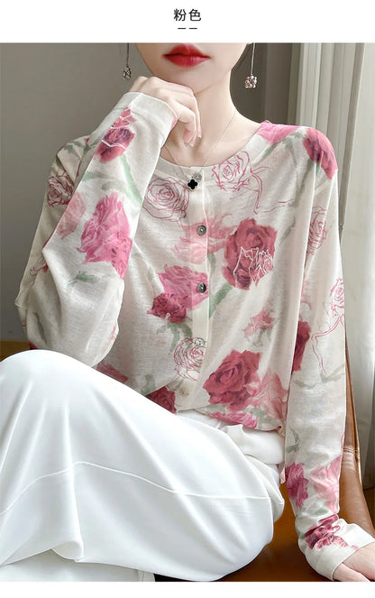 Spring And Summer New Lyocell Water-Soluble Wool Blended Round Neck Knit Cardigan Long Sleeve Feminine Sweater Printed Top