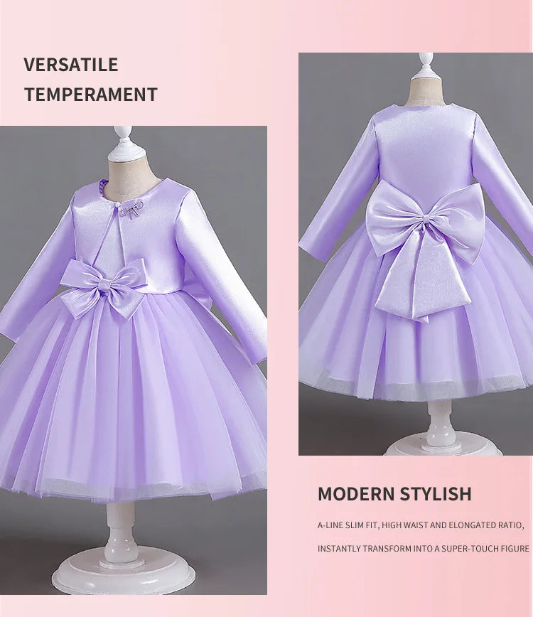 ELBCOS 4-14Y Girls Tie Crew Neck Long Sleeves Solid Color Fold Skirt Cardigan Coat Waist Bow Costumes Princess Party Dress Suit