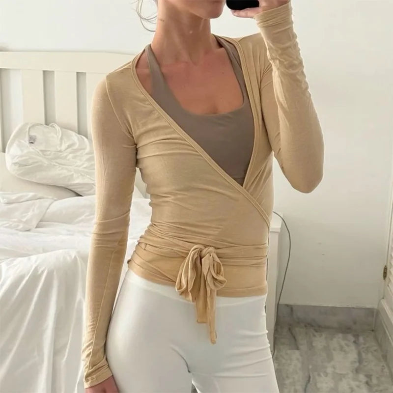 Women Cross Wrap Tie Crop Tops Yoga Shirts Long Sleeve Deep V Neck Solid Color Slim Fit Shirts Ladies Yoga Workout Blouses Tees Brown