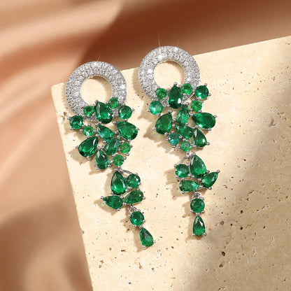 ZAKOL Vintage Sparkling Zircon Flower Dangle Earrings for Women Luxury Crystal CZ Bridal Long Earring Engagement Jewelry Gift Green