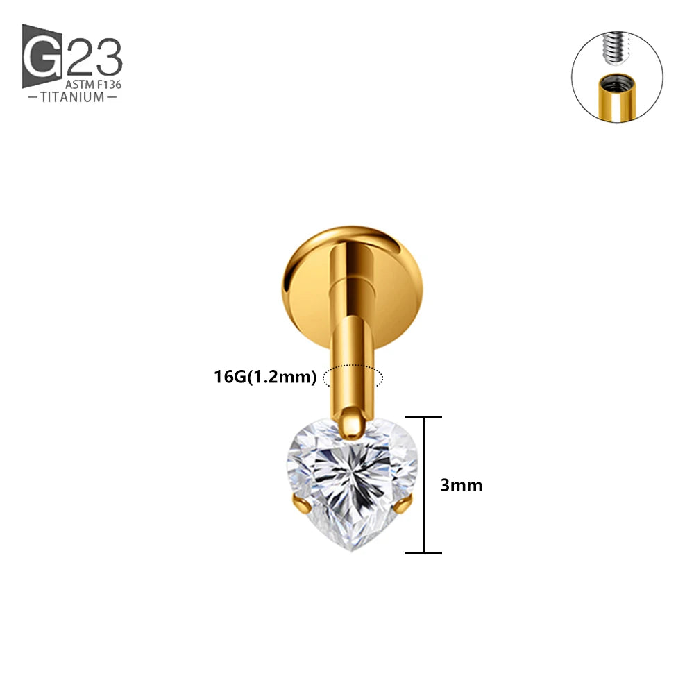 1/10PCS ASTM F136 Titanium 16G Heart CZ Threaded Labret 3mm/4mm CZ Cartilage Tragus Helix Nose Stud Piercing Jewelry 1Pc Gold 3mm CZ
