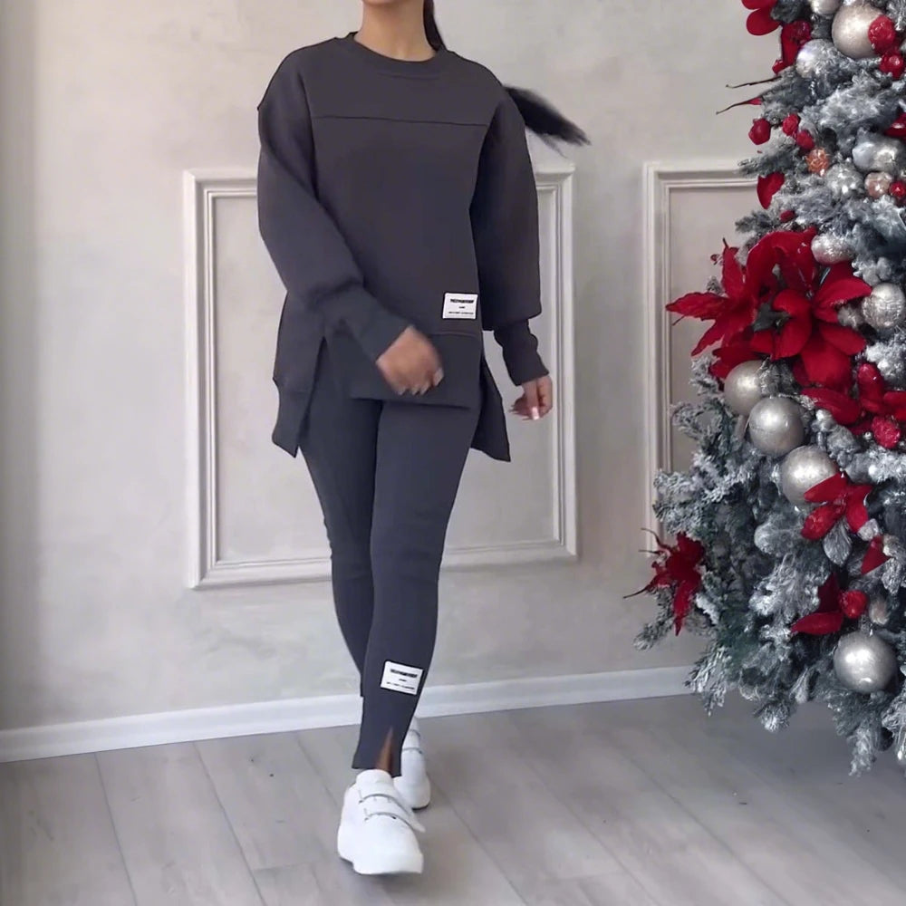 Women Two Piece Set Irregular Sweatshirt Long Sleeved Pullover Top Trouser Pants Set Autumn Winter Lady Solid Loose Outfits M L Dark Grey