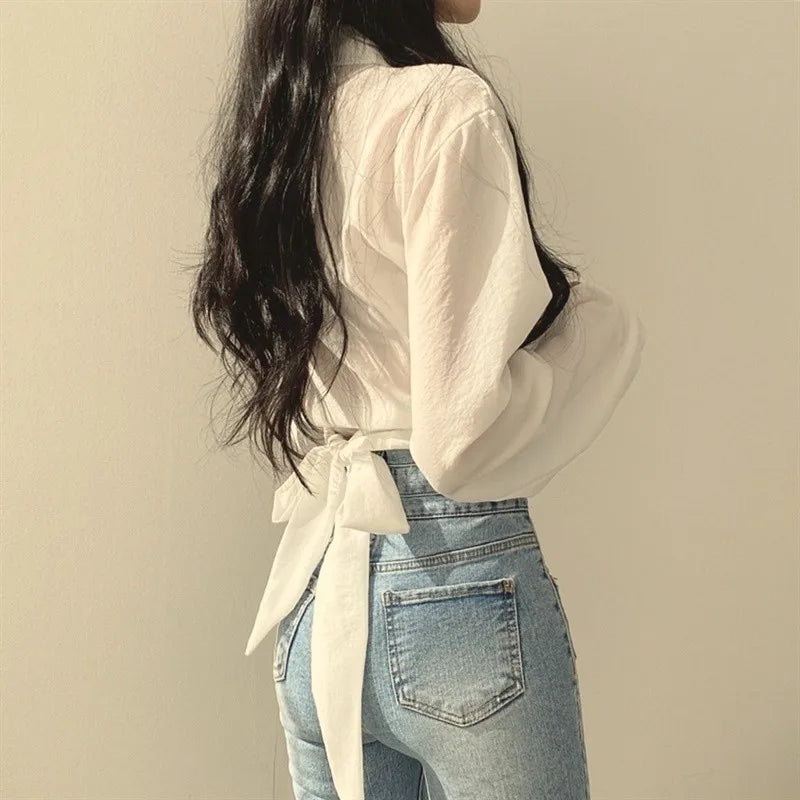 Vintage Streetwear Harajuku Sexy Women Blouse Crop Top Korean Style Trends Black White Long Sleeve Shirt Female Tunic Chic