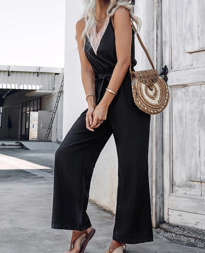 Women's Jumpsuit 2024 Summer Elegant Casual Striped Printed Spaghetti Strap Tie Details Mid Waisted Tight Fit Cropped Jumpsuit