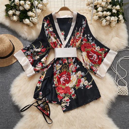 Japanese Sexy Print Kimono Slim Fit V-Neck Nightgown Loose Petal Sleeves Women's Erotic Lingerie Mini Irregular Patchwork Dress Black