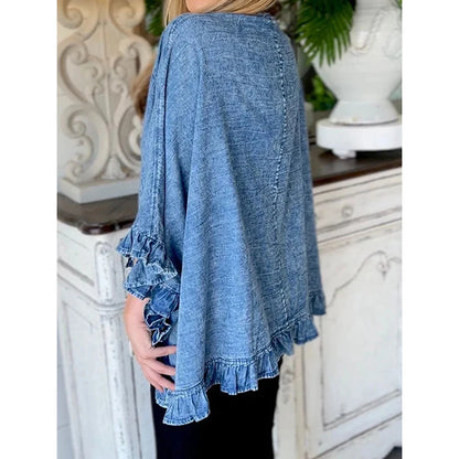 Women Plus Size Denim Jacket Splicing Pocket Ruffle 3/4 Sleeves Loose Irregular Hem Washed Summer 2025 Vintage Female Cardigans