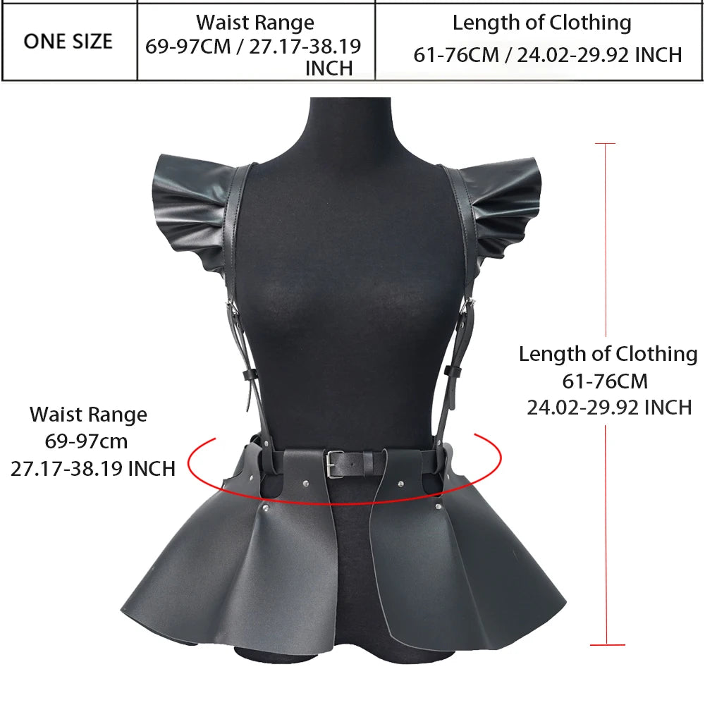 Women's Fashion Leather Body Harness Belt Skirt With Ruffle Hem Gothic Style Waist &Shoulder Belt Clothing Accessory