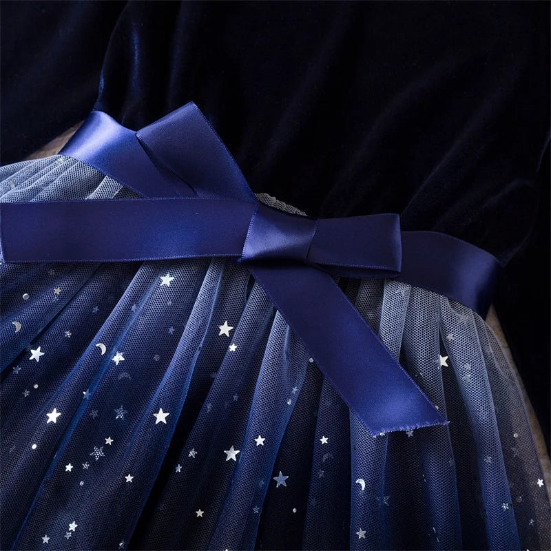 2025 Red Christmas Dress for Baby Girls Winter Long Sleeve Mesh Dresses for 3-8Yrs Kid Star Sequin Birthday Party Princess Dress