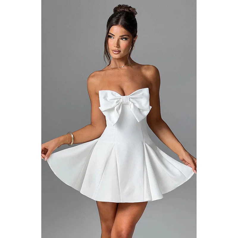 Sexy Strapless Bow Short White Dress Womens Off Shoulder A-line Luxury Black Mini Dresses Elegant Backless Gowns Birthday 2025