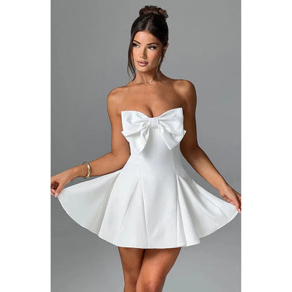Sexy Strapless Bow Short White Dress Womens Off Shoulder A-line Luxury Black Mini Dresses Elegant Backless Gowns Birthday 2025
