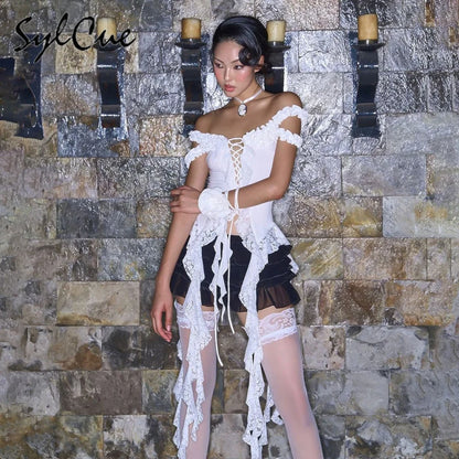 Sylcue Summer New Fashionable High Street Sweet Gentle Sexy Youth Girls Solid Color Shoulder Fringe Long Top