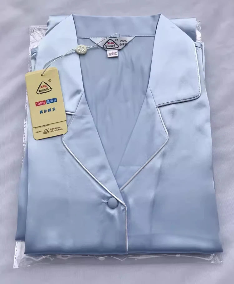 100% Pure Silk Women's Classical Pajama Set Sleepwear Nightgown M L XL YM007 light blue