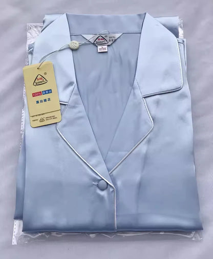100% Pure Silk Women's Classical Pajama Set Sleepwear Nightgown M L XL YM007 light blue
