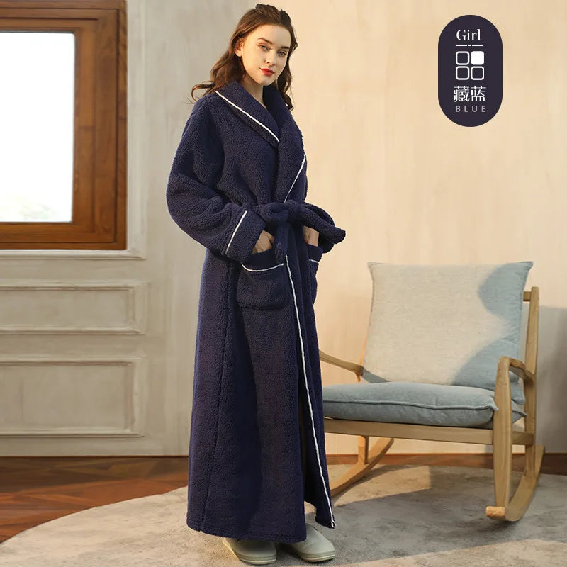 Men's Winter Bathrobe Long Sleeve Warm Turn Down Collar Man Fluffy Bath Robe With Sashes Solid Fleece Dressing Gown For Male Navy blue female