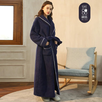 Men's Winter Bathrobe Long Sleeve Warm Turn Down Collar Man Fluffy Bath Robe With Sashes Solid Fleece Dressing Gown For Male Navy blue female